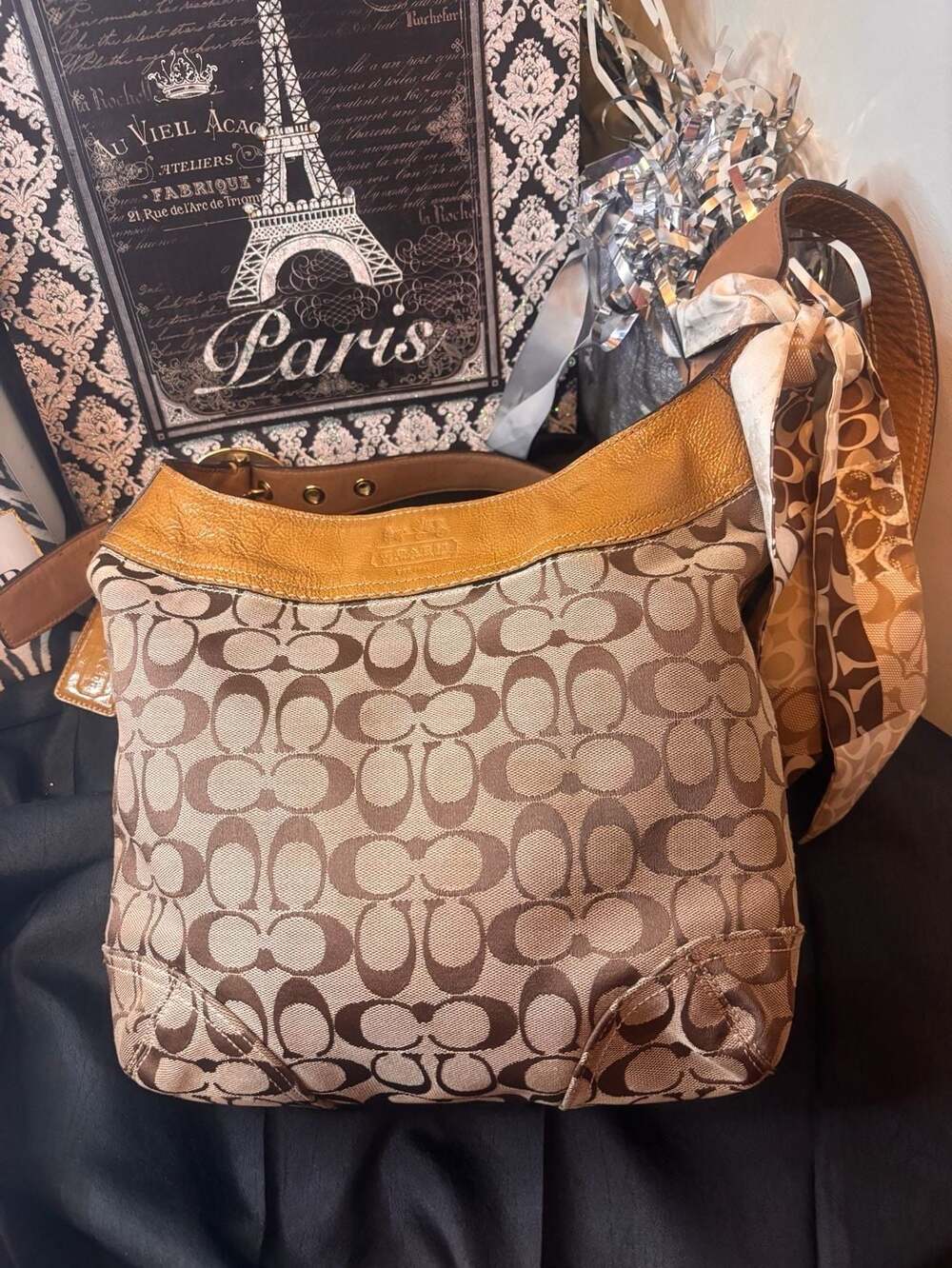 Coach Signature Hobo Shoulder Bag Brown Tan Gold Patent Leather